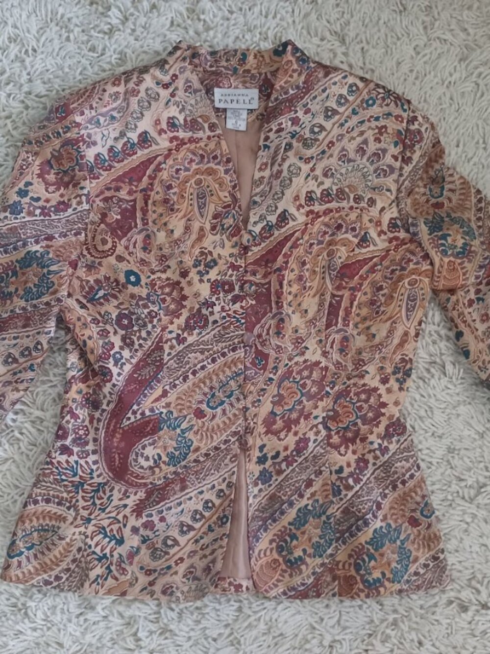 Adrianna Papell 100% Silk Paisley Blouse Womens 6 Boho Button Front Lined Y2K